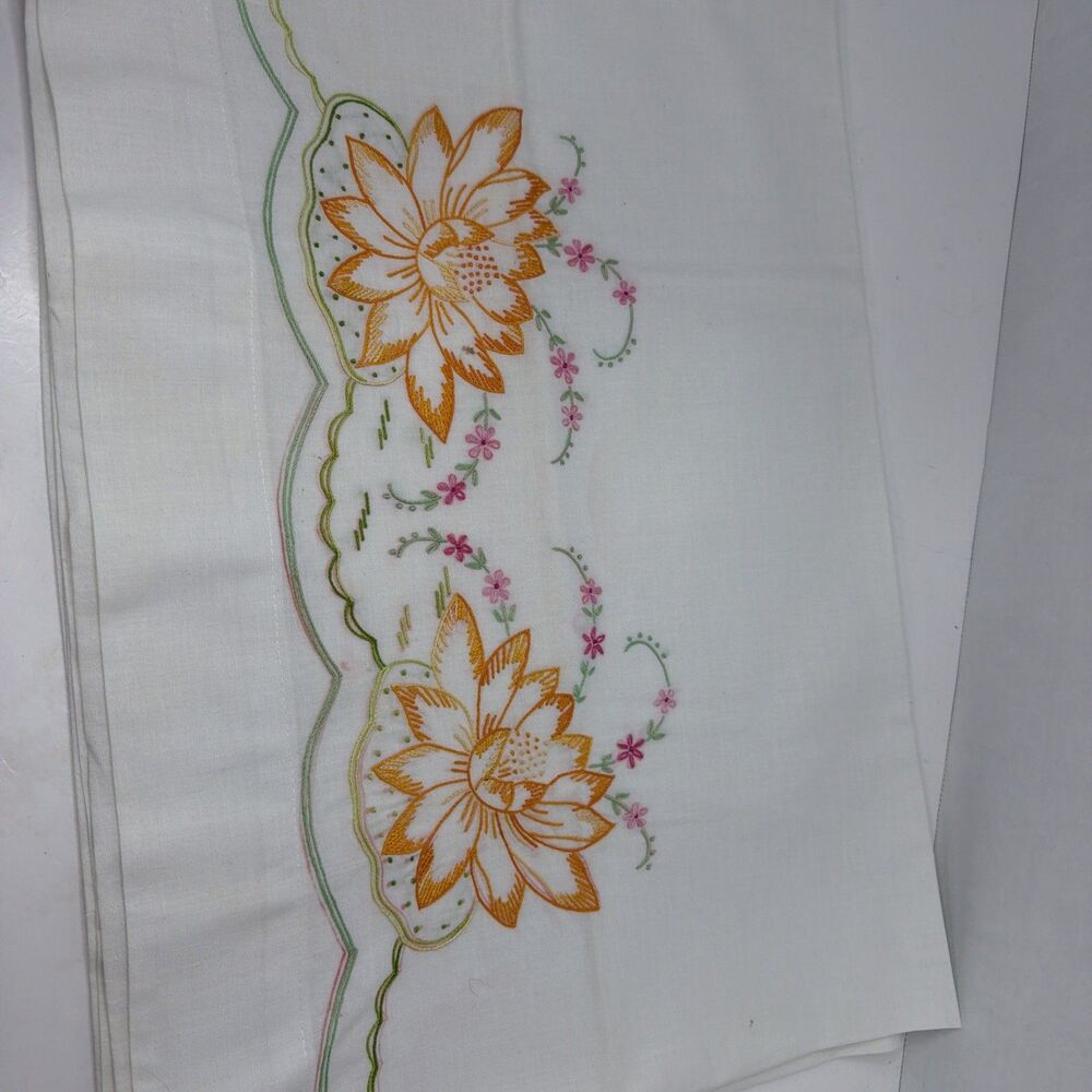 Vintage Hand Embroidered Pillowcases Set 2 Lotus Water Lily Floral Cottagecore